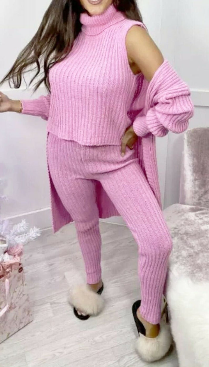 Women 3 Piece Ribbed Knitted Lounge Set