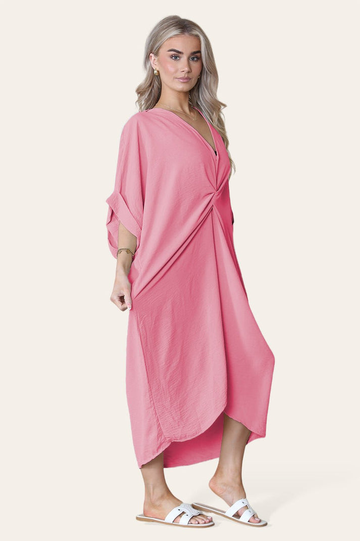 Women V Neck Tie Front Longline Midi Dress