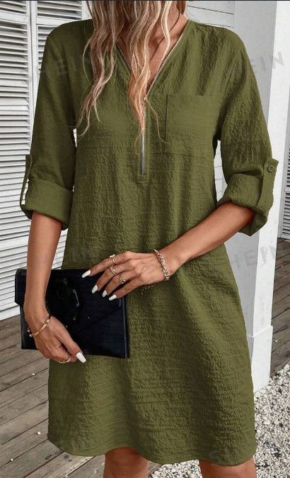 Textured Zipper Half-Button Dress