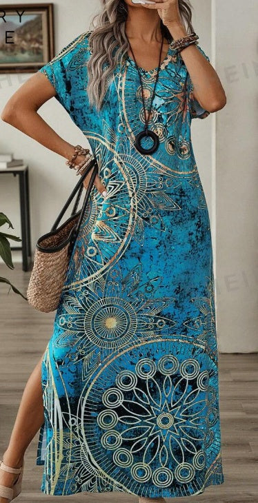 Women Vintage Floral V Neck Maxi Dress