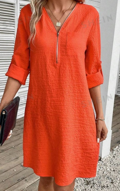 Textured Zipper Half-Button Dress