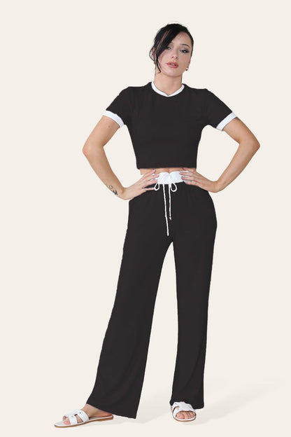 Women Ribbed Contrast Cropped Top Flared Trousers Set