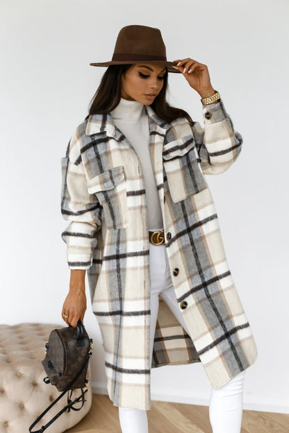 Women Button Lapel Plaid Woolen Coat