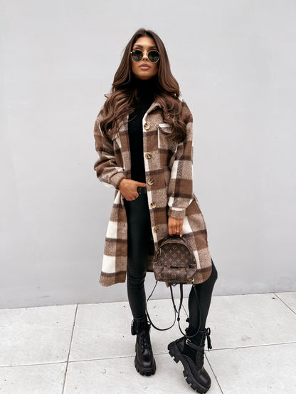 Women Button Lapel Plaid Woolen Coat