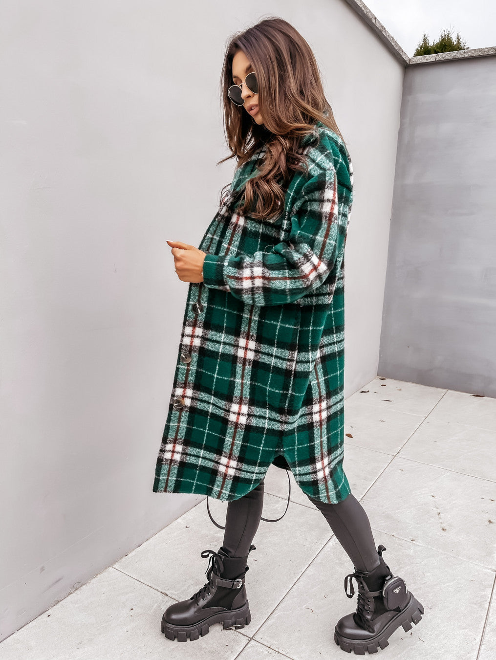 Women Button Lapel Plaid Woolen Coat