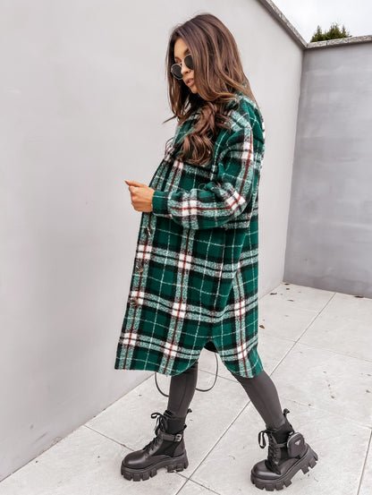 Women Button Lapel Plaid Woolen Coat
