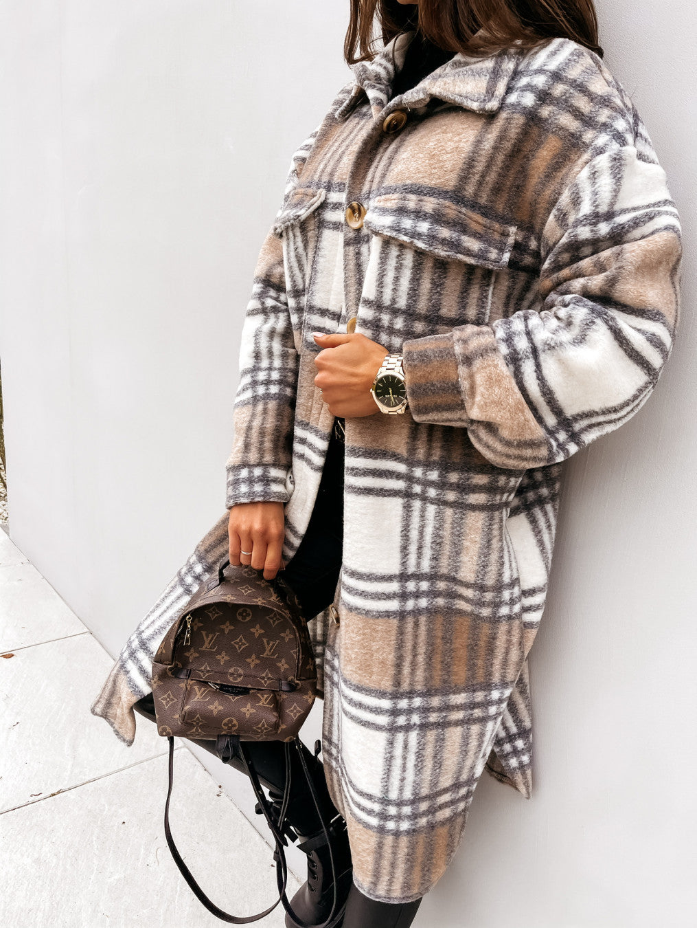 Women Button Lapel Plaid Woolen Coat