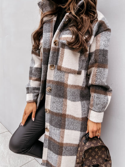 Women Button Lapel Plaid Woolen Coat