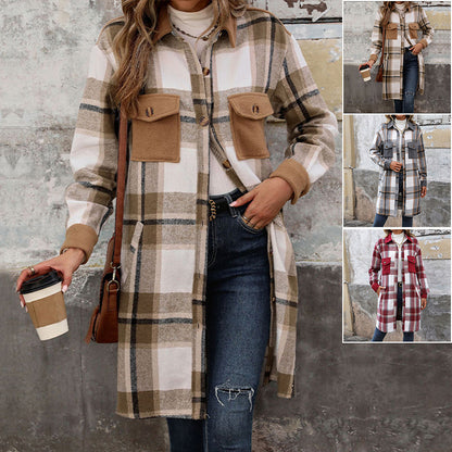 Women Brushed Plaid Long Winter Coat