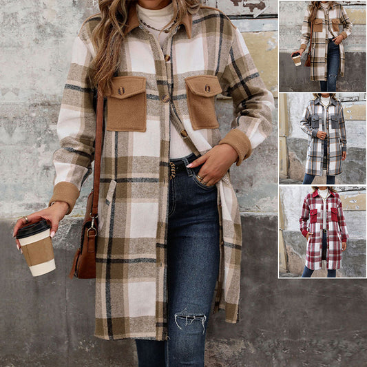 Women Brushed Plaid Long Winter Coat