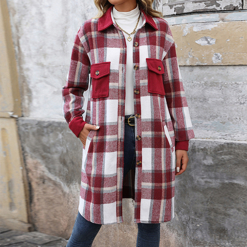 Women Brushed Plaid Long Winter Coat
