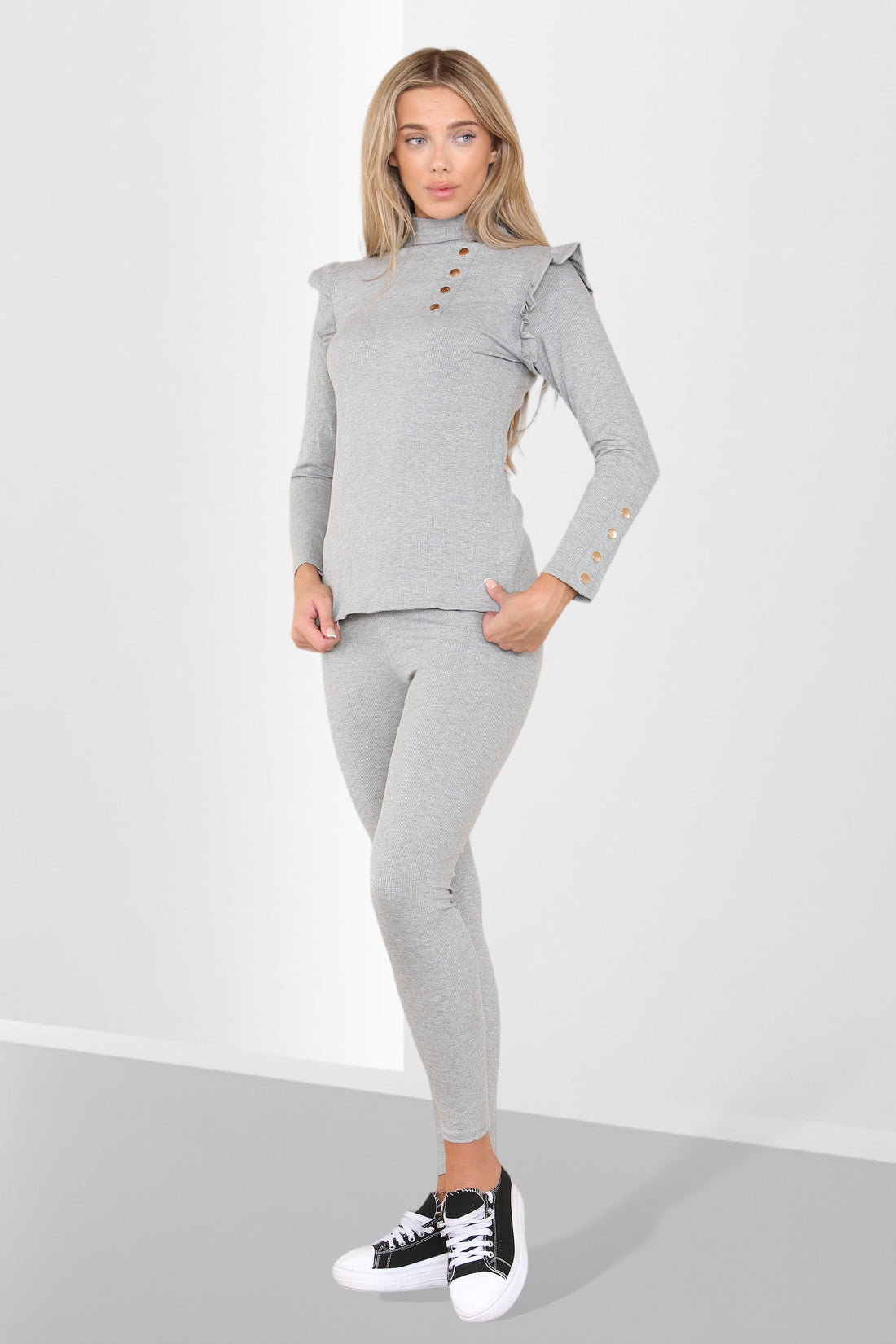 Women Gold Button Frill Shoulder Loungewear Set