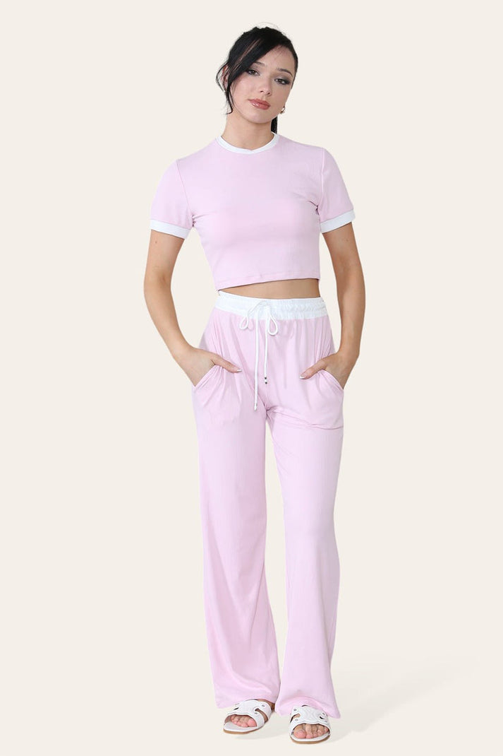 Women Ribbed Contrast Cropped Top Flared Trousers Set