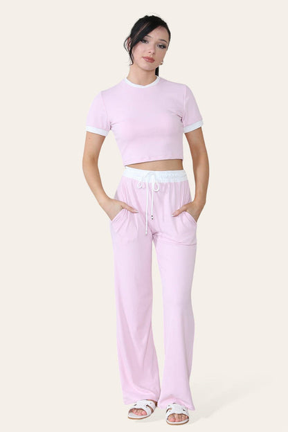 Women Ribbed Contrast Cropped Top Flared Trousers Set