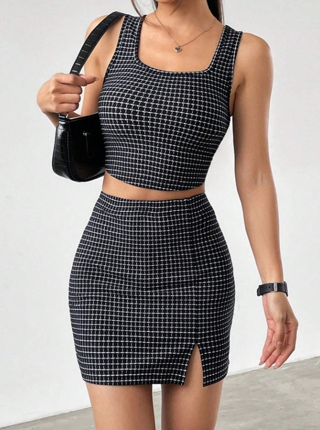 Plaid Cropped Tank Top & Mini Skirt Set