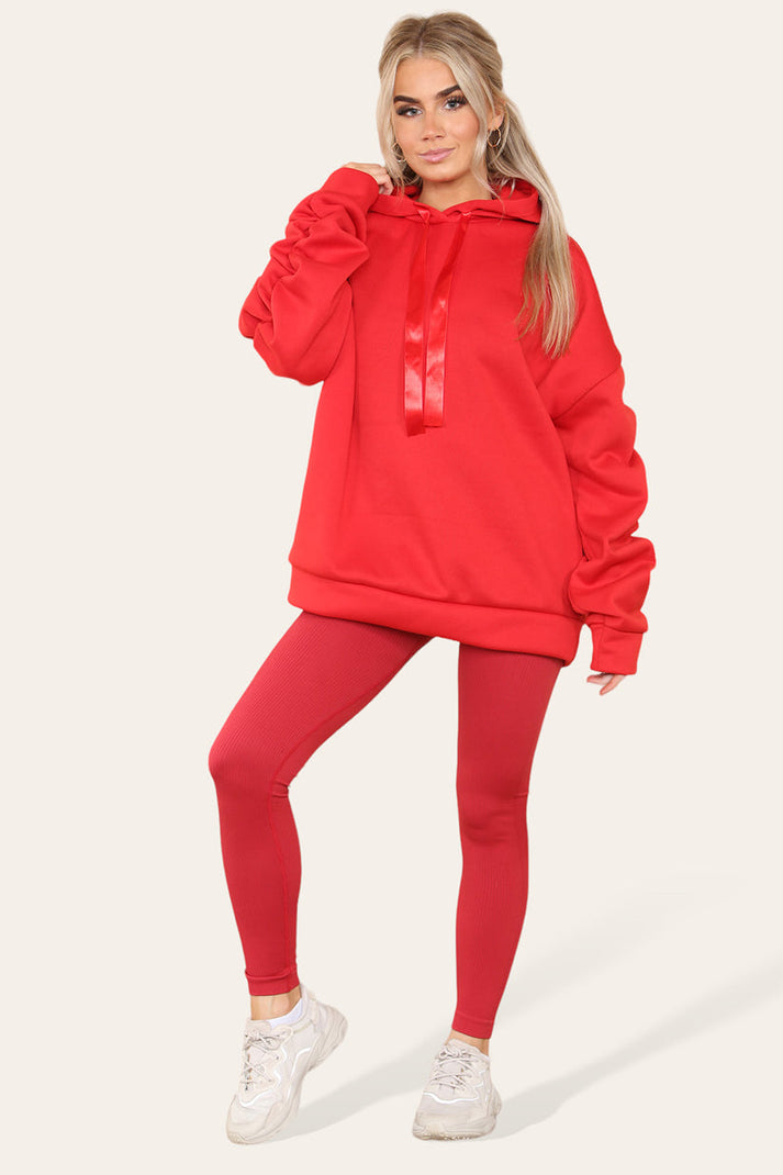 Plus Size Ruched Sleeve Hoodie Ribbed Legging Set