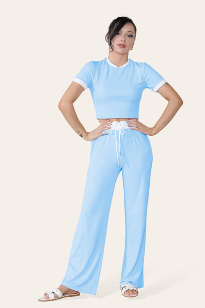 Women Ribbed Contrast Cropped Top Flared Trousers Set