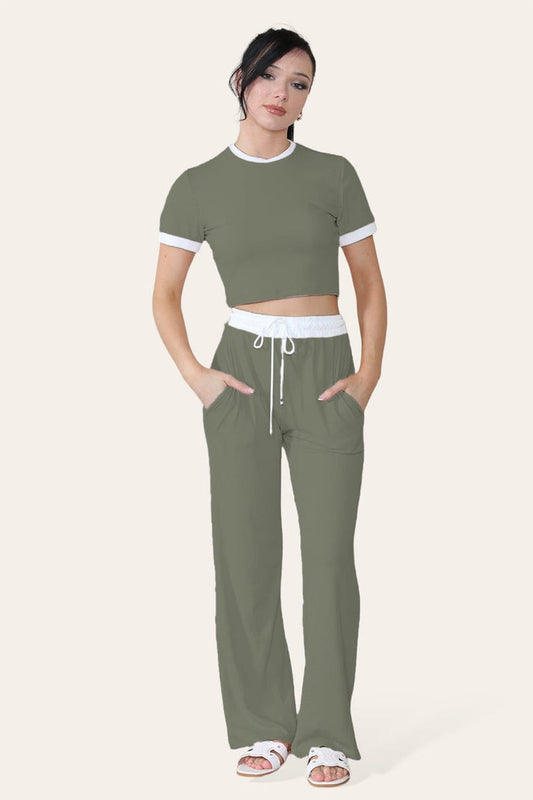 Women Ribbed Contrast Cropped Top Flared Trousers Set