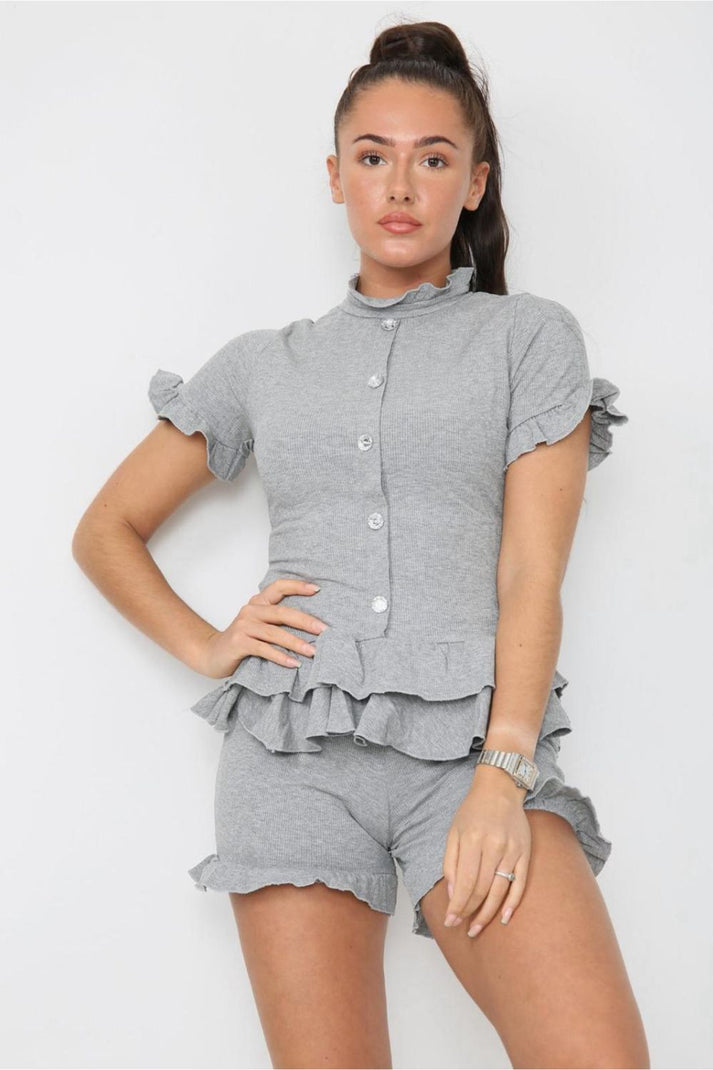 Women Diamond Frill Edge Co Ord Shorts Set
