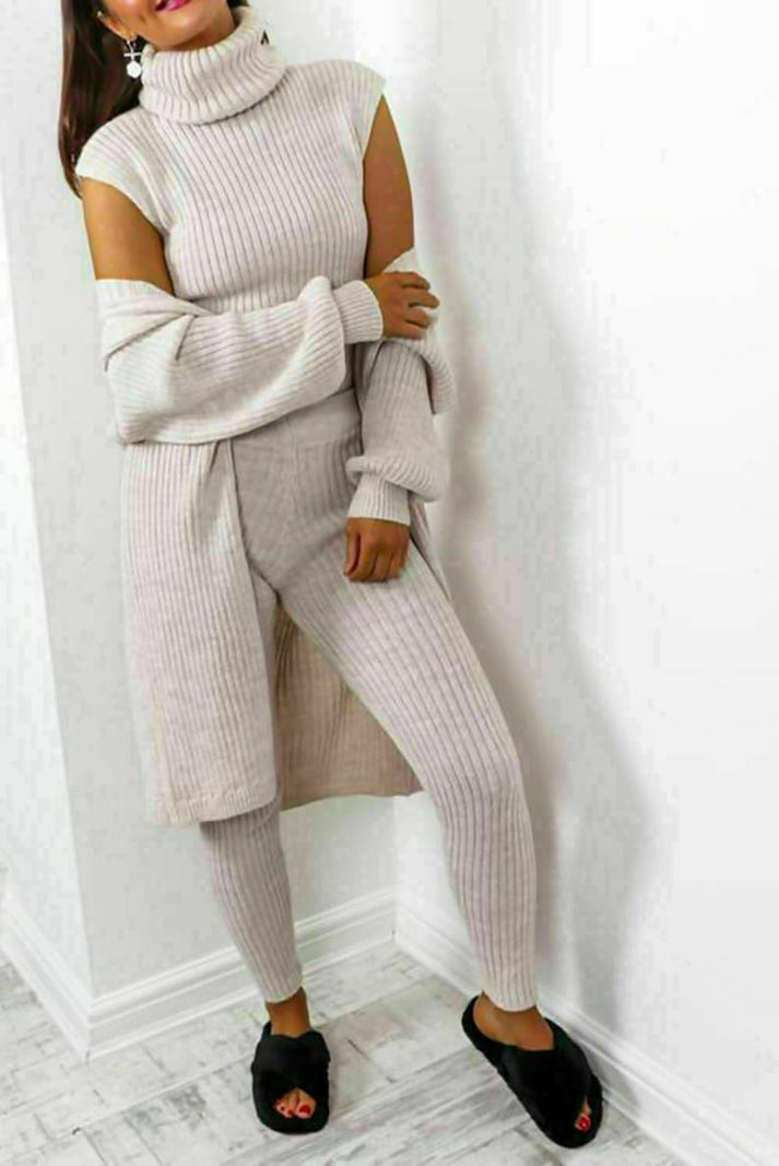 Women 3 Piece Ribbed Knitted Lounge Set