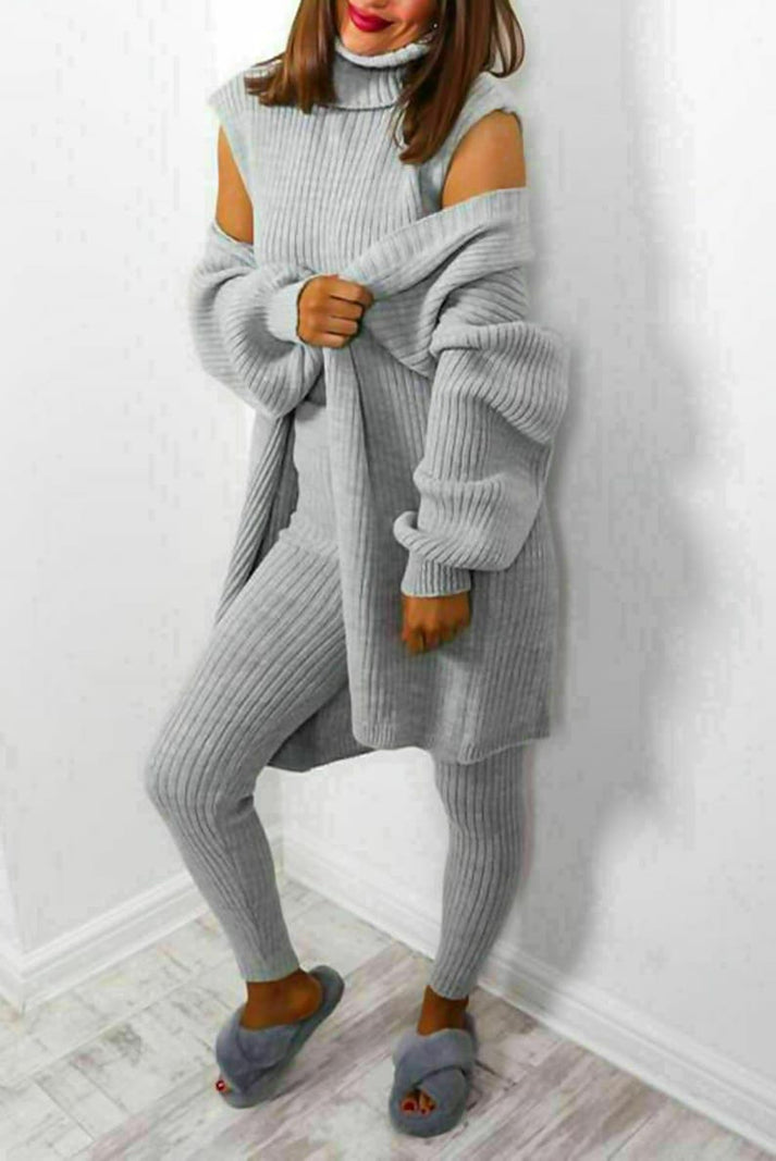 Women 3 Piece Ribbed Knitted Lounge Set