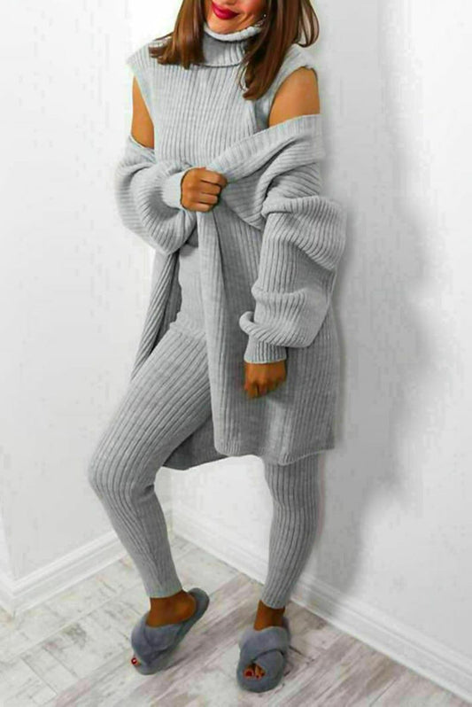 Women 3 Piece Ribbed Knitted Lounge Set