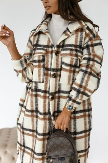 Women Button Lapel Plaid Woolen Coat