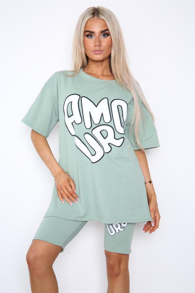 Women Cycling Shorts, Slogan Tee Co Ord Set