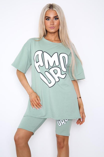 Women Cycling Shorts, Slogan Tee Co Ord Set