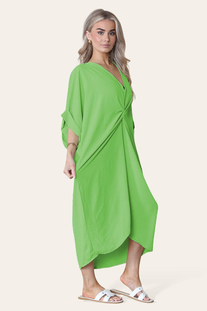 Women V Neck Tie Front Longline Midi Dress