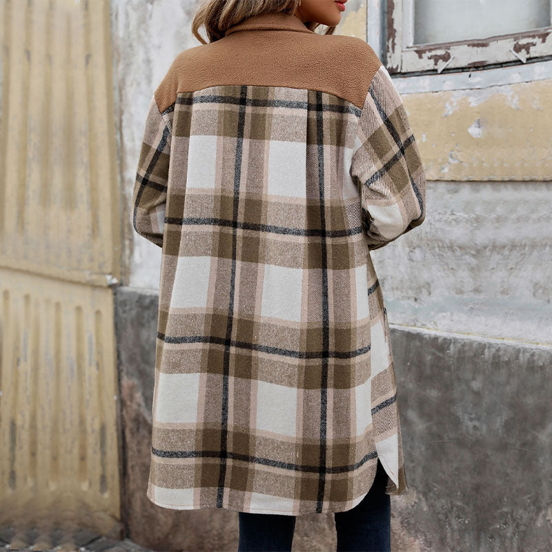 Women Brushed Plaid Long Winter Coat