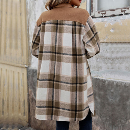 Women Brushed Plaid Long Winter Coat