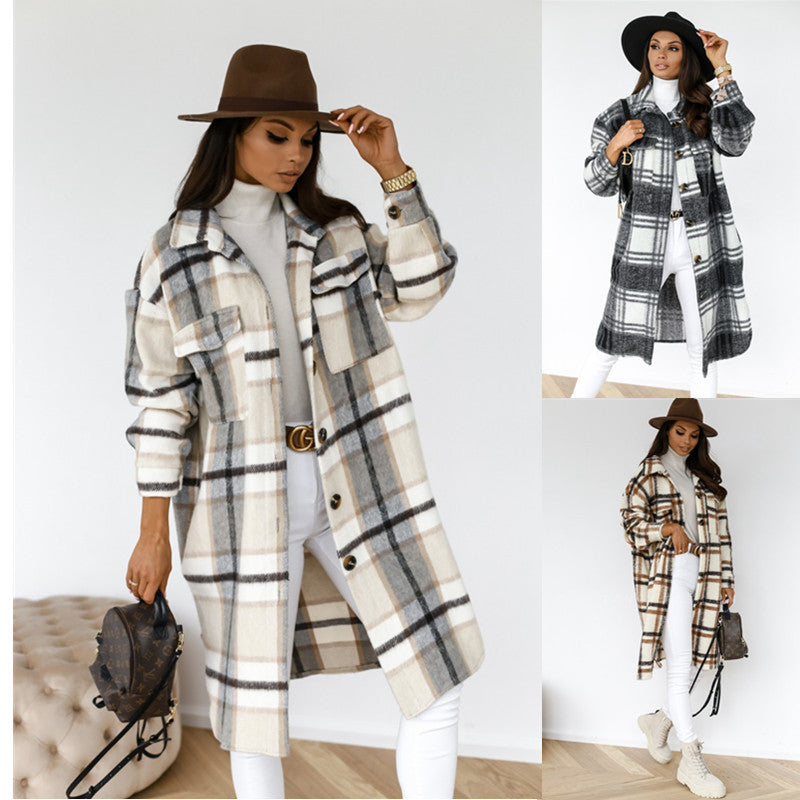 Women Button Lapel Plaid Woolen Coat