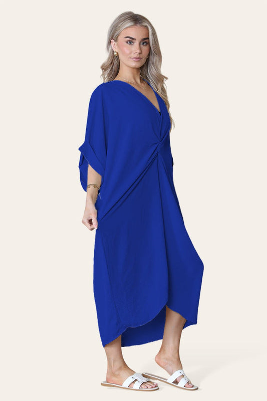 Women V Neck Tie Front Longline Midi Dress