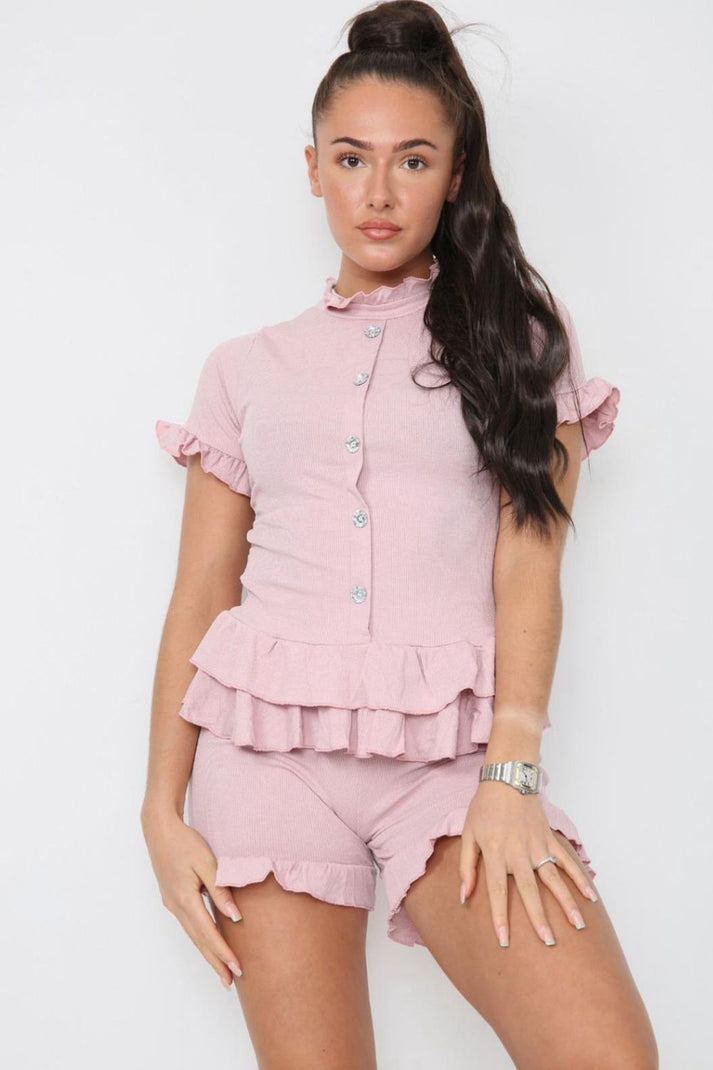 Women Diamond Frill Edge Co Ord Shorts Set
