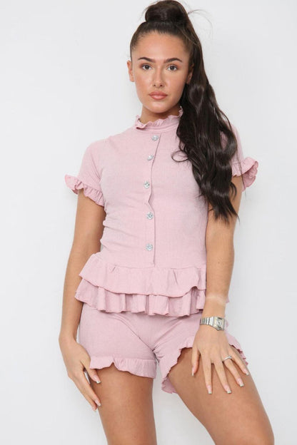 Women Diamond Frill Edge Co Ord Shorts Set