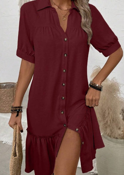 Women Solid Color Button Up Ruffle Hem Dress