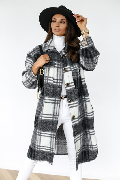 Women Button Lapel Plaid Woolen Coat