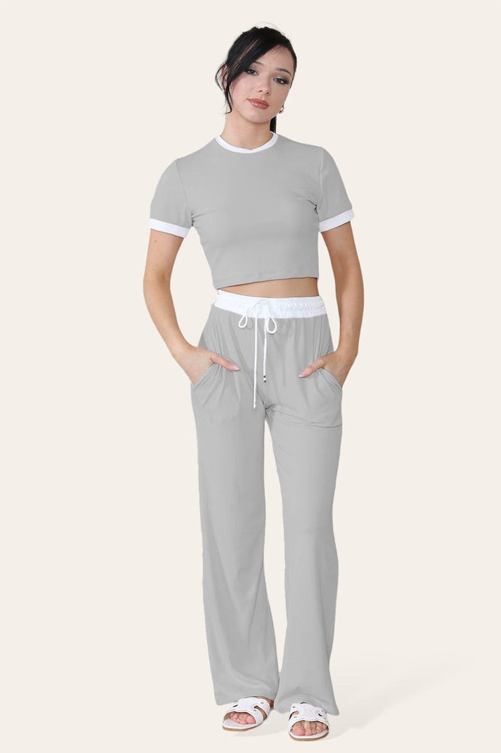 Women Ribbed Contrast Cropped Top Flared Trousers Set