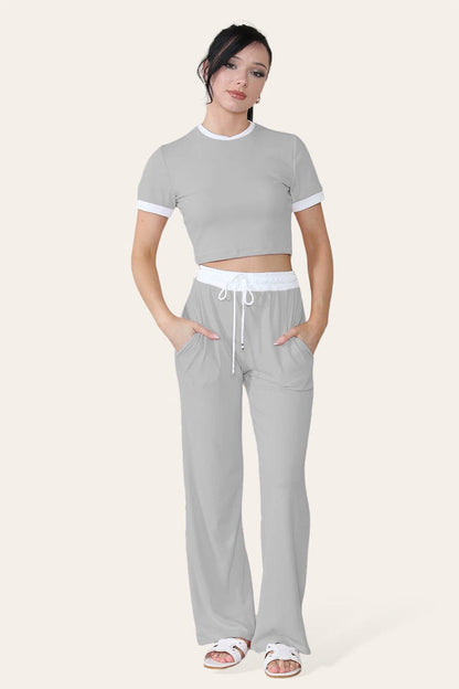 Women Ribbed Contrast Cropped Top Flared Trousers Set