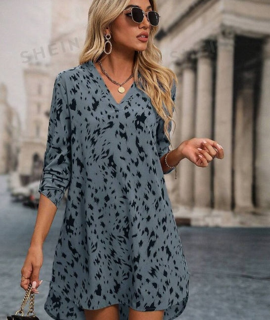 Allover Print Roll Up Sleeve Dress