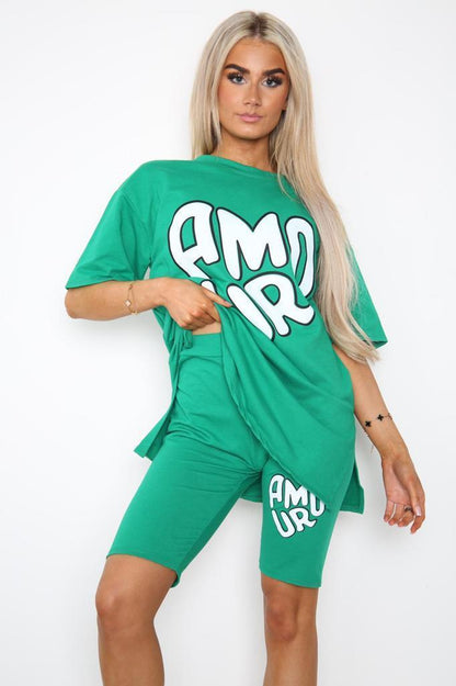 Women Cycling Shorts, Slogan Tee Co Ord Set