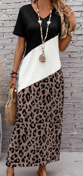 Women Leopard Print Colorblock Summer Tee Dress