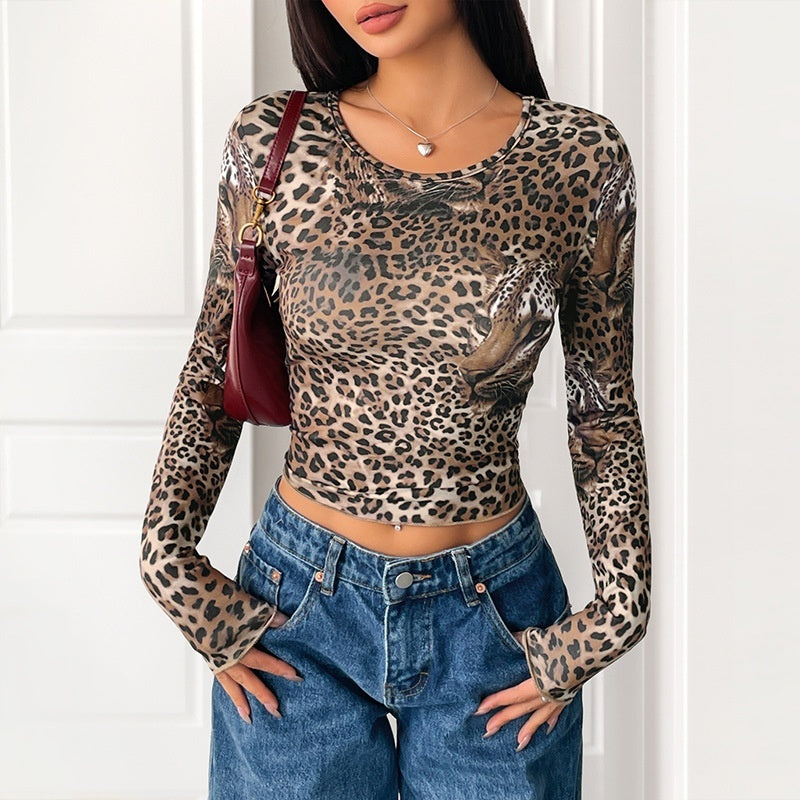 Women Vintage Leopard Print Long Sleeve Tee