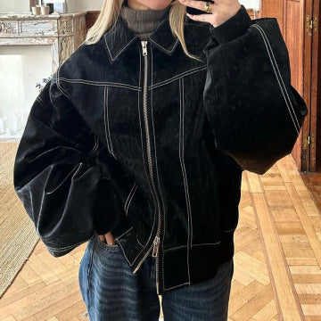 Women Lapel Zip-Up Moto Jacket