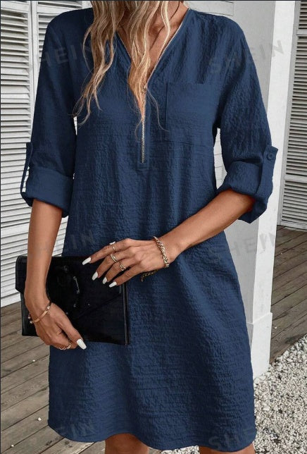 Textured Zipper Half-Button Dress