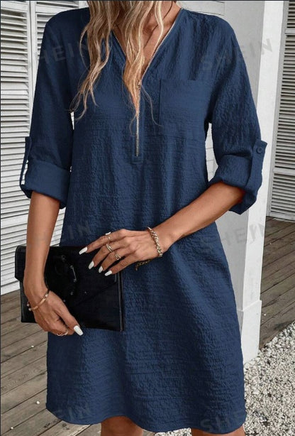 Textured Zipper Half-Button Dress