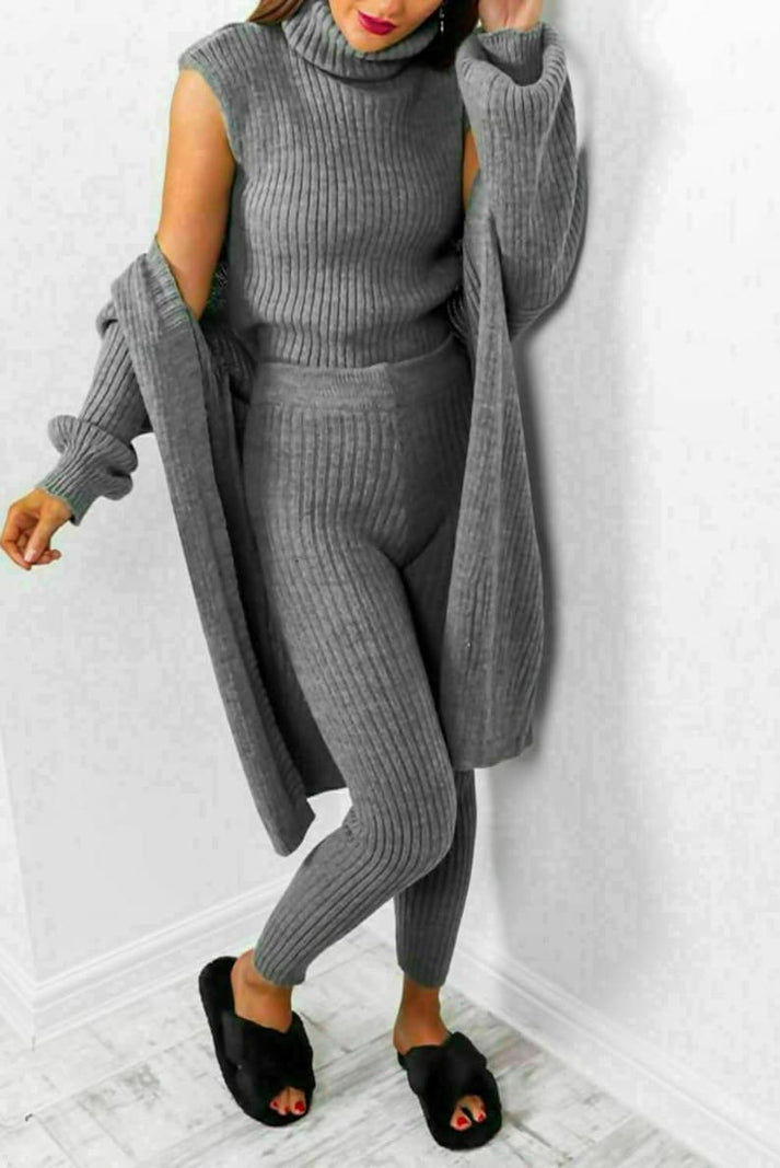 Women 3 Piece Ribbed Knitted Lounge Set