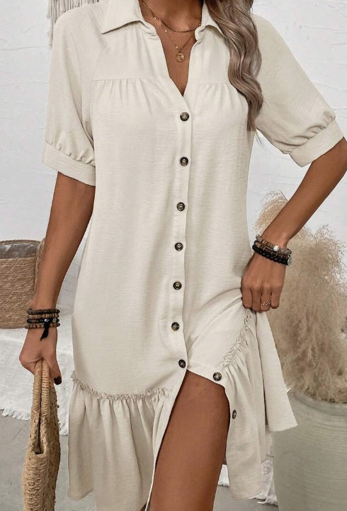 Women Solid Color Button Up Ruffle Hem Dress