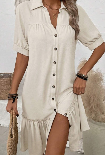 Women Solid Color Button Up Ruffle Hem Dress